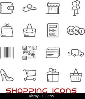 Shopping and retail thin line icons with shopping carts, basket and bags, credit card and wallet, money, delivery, barcode and store, qr code and gift Stock Vector