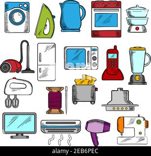 Appliances icons set with microwave and vacuum, iron and refrigerator, toaster and tv set, washing and sewing machines, blender and mixer, fan and sto Stock Vector