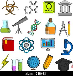 Science and education icons with college and book, laboratory glasses and computer, microscope and globe, graduation cap and pencil, compasses and dna Stock Vector