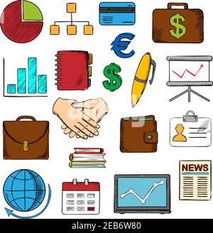 Business, finance and office icons with financial reports and money, handshake and chart, briefcases and laptop, news and globe, calendar, pen and org Stock Vector