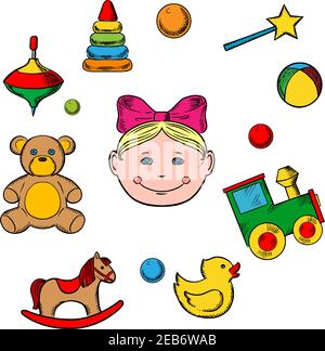 Childish toys and little girl icons with silhouette of a small girl head surrounded by her toys as bear, horse, duck, rattle, train, ball, pyramid and Stock Vector