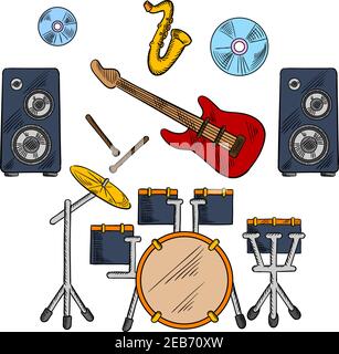 Musical band icons with drum set and electric guitar instruments, drum sticks and saxophone, disks and speakers Stock Vector