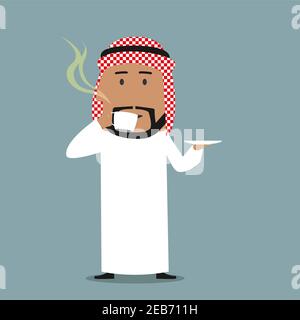 Relaxed smiling cartoon arabian businessman enjoying a cup of fresh brewed coffee. Coffee break, business lunch or relaxation concept Stock Vector