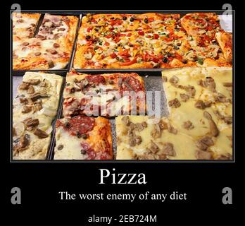 Pizza funny meme for social media sharing. Pizza and diet meme. Stock Photo