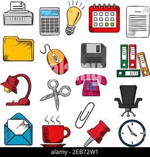 Business and office supplies icons with light bulb and phone, calendar and calculator, mouse and e-mail, folders documents and clock, coffee cup and c Stock Vector