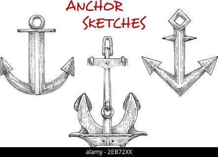 Sketch icons of vintage boat anchors with heavy stockless anchor and admiralty anchors with curved flukes. Use as navy emblem, tattoo or t-shirt print Stock Vector