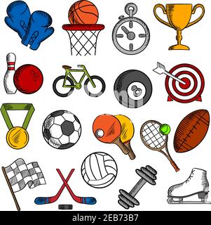 Sport and fitness icons set with silhouettes of sport balls and items, trophy cup and bicycle, racing flag and ice skate, boxing glove and stopwatch, Stock Vector