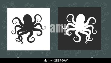 Octopus, black and white silhouettes on background with linear contours. Ocean animal character logo or sign. Vector illustration Stock Vector