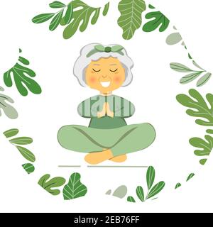 Sporty Granny does Yoga. Old person. Vector colorful cartoon illustration. Senior woman in pose yoga. Exercising for better health. Isolated flat Stock Vector
