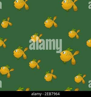 Seamless pattern with cute fish on green background. Vector cartoon animals colorful illustration. Adorable character for cards, wallpaper, textile Stock Vector