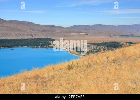 New Zealand nature. Lake Tekapo landscape in Canterbury region. Stock Photo