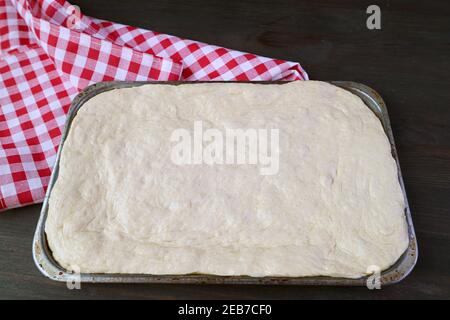 Pizza dough on sheet pan ready for the next process of preparation Stock Photo