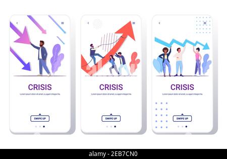 set businesspeople frustrated about economic arrow falling down financial crisis bankrupt investment risk concept smartphone screens collection full length horizontal copy space vector illustration Stock Vector