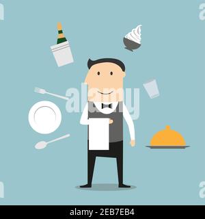 Waiter profession concept waitress in elegant uniform, surrounded by dinner set, champagne and ice bucket, ice cream sundae and fried chicken, silver Stock Vector
