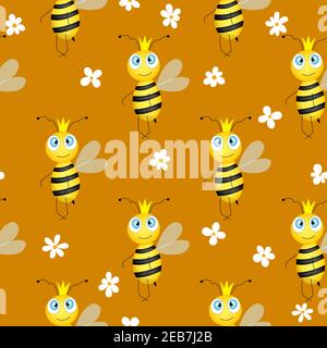 Seamless pattern with bees and flowers on brown background. Vector illustration. Adorable cartoon character. Template design for invitation, cards Stock Vector