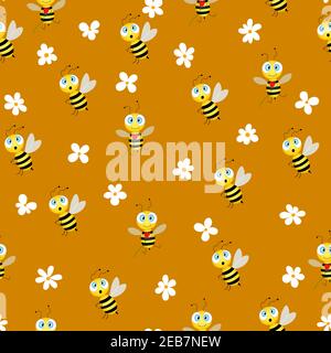 Seamless pattern with bees and flowers on brown background. Vector illustration. Adorable cartoon character. Template design for invitation, cards Stock Vector