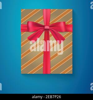 Wrapped vintage gift box with red ribbon bow. Top-down view. Stock Vector