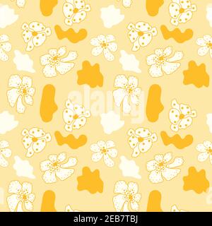 Fantasy seamless pattern with print of cute colorful flowers. Vivid pink, blue, orange and green artistic vector illustration. Bright freehand floral Stock Vector