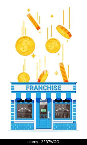 Franchise business for sale. Franchising shop building or commercial property. Real estate business promotional, sme startup crowdfunding. Selling buying new business. Flat vector illustration Stock Vector