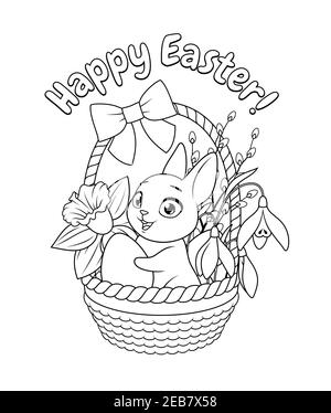 Cute little bunny holding egg in basket with spring flowers. Easter greeting cartoon vector coloring page. Stock Vector
