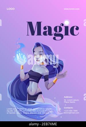 Magic show poster with mystic girl hold blue fire on hand. Vector flyer with cartoon illustration of fairytale wizard or genie woman with long hair and gold jewelry. Banner of magical performance Stock Vector