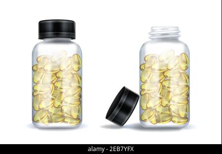 Medicine bottles with clear yellow capsules isolated on white background. Vector realistic mockup of glass or plastic transparent container with open and closed black lid. 3d jars with medical drugs Stock Vector