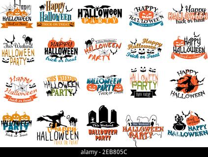 Halloween horror and eerie banners with pumpkins, cats, skulls, witch, spiders, graves, bats, gosts and ghouls for party themes design Stock Vector