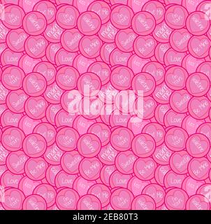 Seamless vector pattern with love and romance messages on pink love hearts Stock Vector