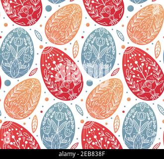 Seamless festive pattern with eggs with folk ornaments. Vector wallpaper with Easter treat. Wrapping paper with eggs with a natural flower decorations Stock Vector