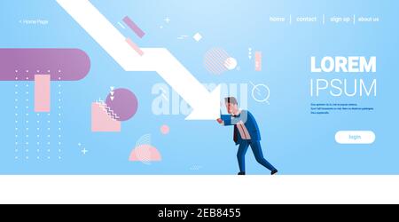 stressed businessman stopping economic arrow falling down financial ...