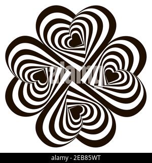 Design four striped hearts swirl rotation illusion background. Abstract striped distortion twisted backdrop. Vector-art illustration Stock Vector