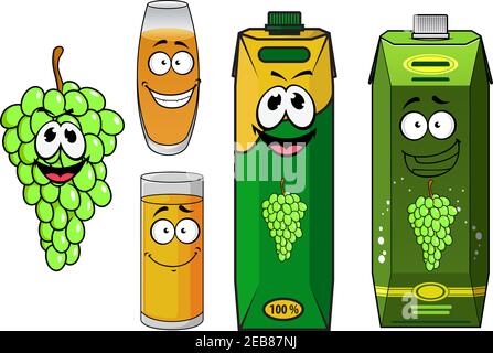 Cartoon sweet grape juice packs characters with funny bunch of green grape fruit and glasses with yellow drinks, isolated on white background for food Stock Vector