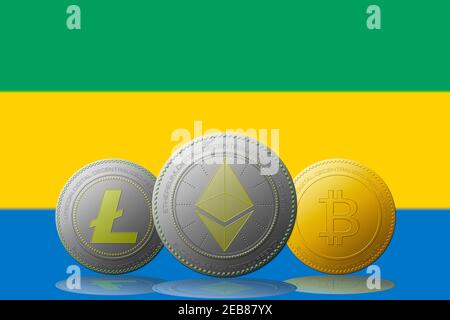 3D illustration Three cryptocurrencies Bitcoin  Ethereum and Litecoin with Gabon flag on background. Stock Photo