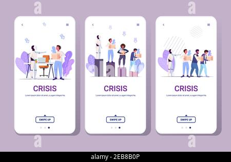 set robot kicked human away from work modern robotic character replacing businesspeople artificial intelligence domination concept smartphone screens collection mobile app copy space horizontal vector illustration Stock Vector