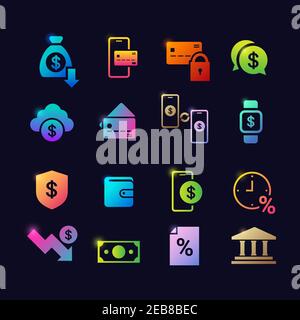 set different financial banking symbols glowing neon icons collection flat vector illustration Stock Vector