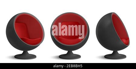 Black and red ball chair, designers furniture for modern stylish house or office interior in front and angle views. Vector realistic mockup of empty egg armchair isolated on white background Stock Vector