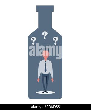 Alcohol and addiction, Young male character trapped inside a bottle, health problems Stock Vector