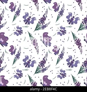Cute stylish seamless pattern with purple flowers and butterflies Stock Vector