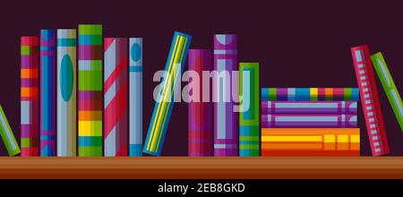 Bookcase shelf seamless pattern. Horizontal pattern with books in cartoon style. Vector illustration on dark background Stock Vector