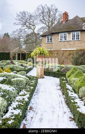 The formal Knot Garden at RHS Garden, Wisley, Surrey, south-east England, in winter with neat clipped topiary bushes and hedges covered in snow Stock Photo