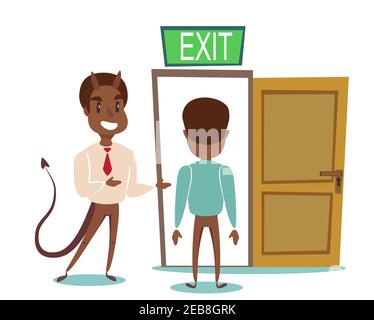 Evil devil businessman invite men to opened door. Stock Vector