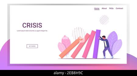 stressed businessman stopping domino effect crisis management chain reaction finance intervention conflict prevention concept horizontal full length copy space vector illustration Stock Vector