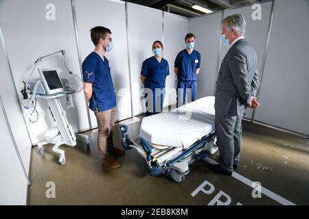 King Philippe - Filip of Belgium meets personnel at a royal visit to the 'Jan Yperman Ziekenhuis' hospital in Ieper, Friday 12 February 2021. BELGA PH Stock Photo