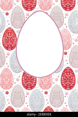 Vertical template with festive pattern with eggs with folk ornaments and egg frame. Vector card with Easter treat. Banner with eggs with a natural flo Stock Vector
