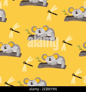 Seamless pattern with cute koala baby and dragonfly on color background. Funny australian animals. Card, postcards for kids. Flat vector illustration Stock Vector