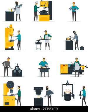 Blacksmith at work flat icons set with metal melting casting forging and hammering on anvil isolated vector illustration Stock Vector