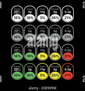 Nutrition Facts information label template for daily food diet package drinks and food. Written in Spanish. Isolated vector illustration. Stock Vector