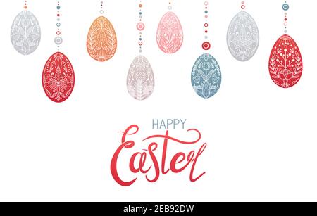 Happy Easter. Card with hanging Easter egg with geometric floral pattern, tribal decorations and lettering. Festive spring treat with wishes. Postcard Stock Vector