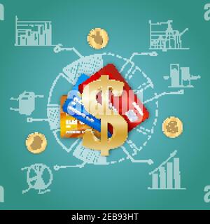 Realistic financial template with credit cards dollar sign bitcoin euro yuan coins sketch elements isolated vector illustration Stock Vector