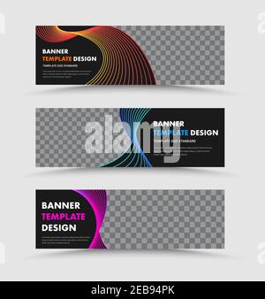vector template of horizontal black web banners with spirally twisted thin lines with a color gradient. Design with place for photo and text. Stock Vector